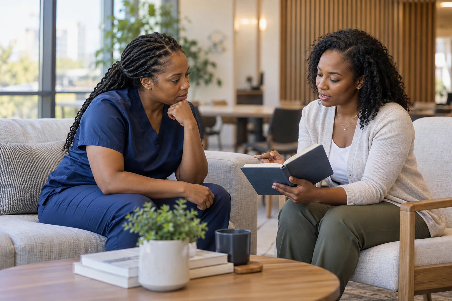 Two healthcare professionals review a notebook together in a sunlit lounge.
