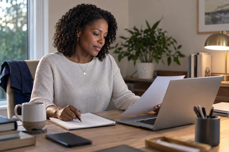 An experienced nurse reviewing a career plan beside a laptop at a home workspace.