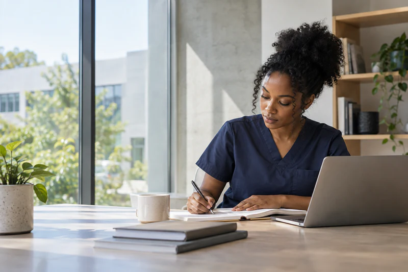 A nurse in navy scrubs writing in a notebook beside a laptop at a sunlit desk.