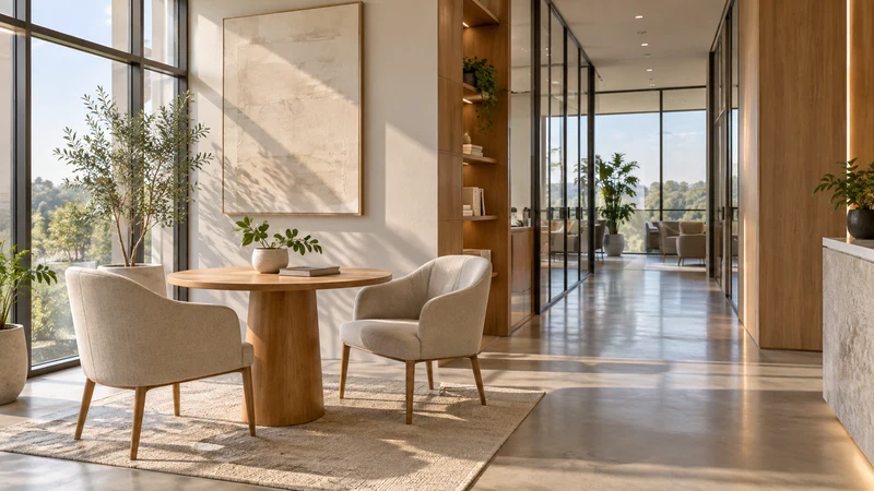 A sunlit modern meeting area with two chairs beside a round wooden table.
