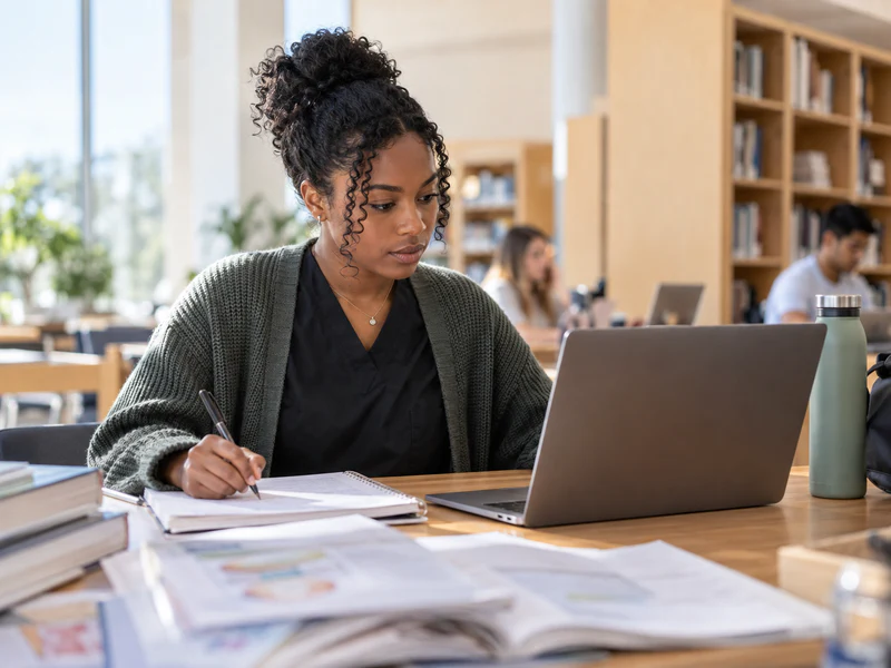 A nursing student studying with printed notes and a laptop in a modern library.