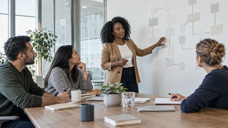 A facilitator maps a workflow on a wall while three colleagues take notes around a meeting table.
