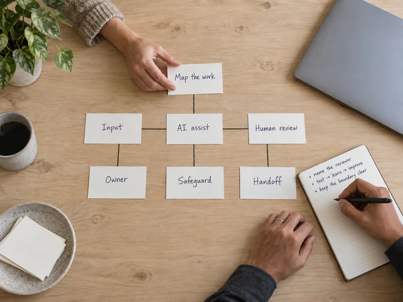 Hands arrange workflow cards labelled for input, AI assistance, human review, ownership, safeguards, and handoff.