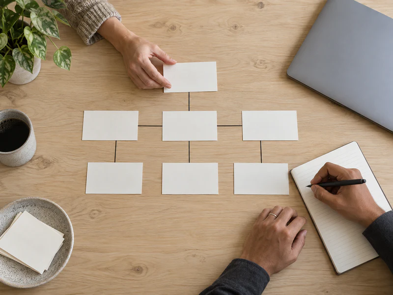 Hands arranging blank workflow cards and taking notes on a pale wood table.